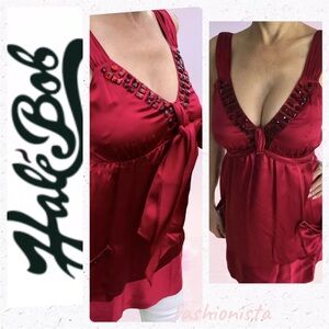 HALE BOB womens Small Top / Tunic silk sleeveless deep vee dark red empire